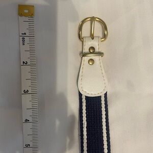 Belt, White Leather, Navy, Gold buckle, 34 in